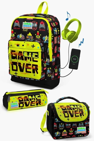 Coral High Kids Siyah Neon Sarı Game Over Desenli USB'li 3'lü Okul Çanta Seti - Erkek Çocuk ürün görseli 1