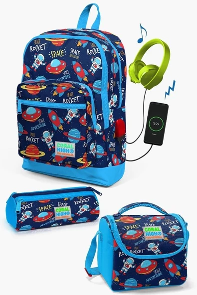 Coral High Kids Lacivert Mavi Uzay Desenli USB'li 3'lü Okul Çanta Seti - Erkek Çocuk ürün görseli 1