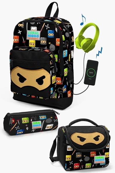 Coral High Kids Siyah Ninja Desenli USB'li 3'lü Okul Çanta Seti - Erkek Çocuk ürün görseli 1