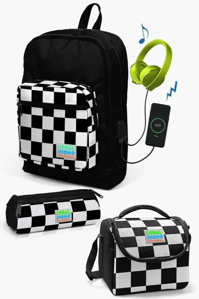 Coral High Kids Siyah Dama Desenli USB'li 3'lü Okul Çanta Seti - Erkek Çocuk ürün görseli 1