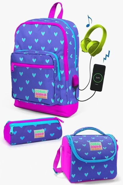 Coral High Kids Lavanta Pembe Kalp Desenli USB'li 3'lü Okul Çanta Seti - Kız ürün görseli 1
