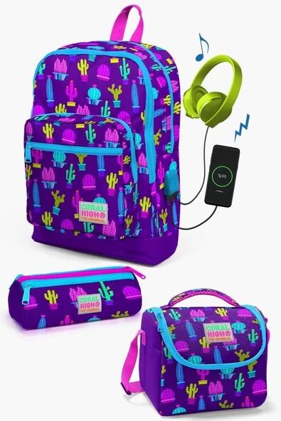 Coral High Kids Mor Pembe Kaktüs Desenli USB'li 3'lü Okul Çanta Seti - Kız Çocuk ürün görseli 1