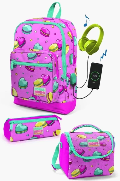 Coral High Kids Açık Pembe Su Yeşili Makaron Desenli USB'li 3'lü Okul Çanta Seti - Kız Çocuk ürün görseli 1