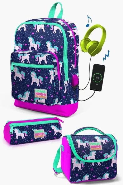 Coral High Kids Lacivert Pembe Unicorn Desenli USB'li 3'lü Okul Çanta Seti - Kız Çocuk ürün görseli 1