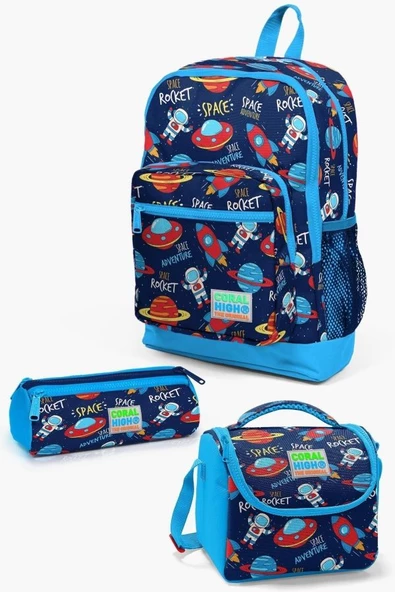 Coral High Kids Lacivert Mavi Uzay Desenli 3'lü Okul Çanta Seti - Erkek Çocuk ürün görseli 1