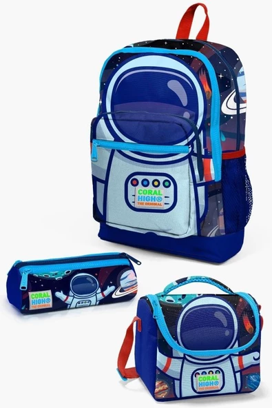 Coral High Kids Saks Mavi Astronot Desenli 3'lü Okul Çanta Seti - Erkek Çocuk ürün görseli 1