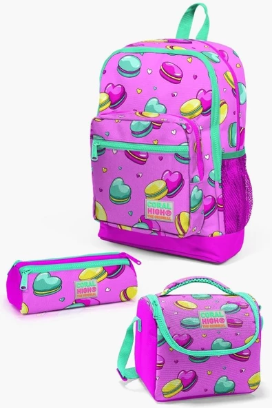 Coral High Kids Açık Pembe Su Yeşili Makaron Desenli 3'lü Okul Çanta Seti ürün görseli 1