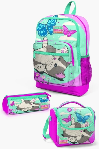 Coral High Kids Su Yeşili Pembe Kedi Desenli 3'lü Okul Çanta Seti - Kız Çocuk ürün görseli 1