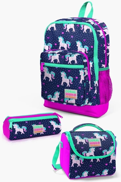 Coral High Kids Lacivert Pembe Unicorn Desenli 3'lü Okul Çanta Seti ürün görseli 1