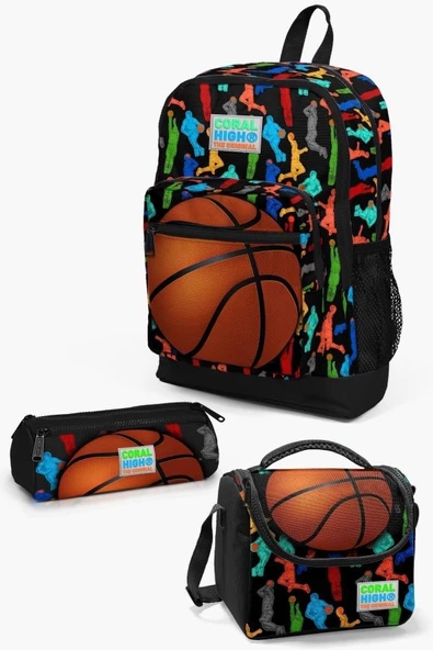 Coral High Kids Siyah Basketbol Desenli 3'lü Okul Çanta Seti Erkek Çocuk ürün görseli 1