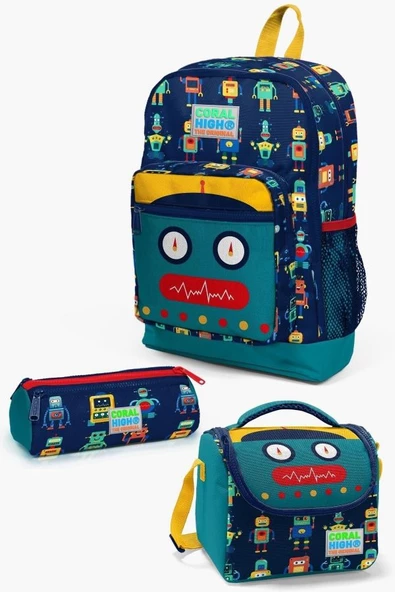 Coral High Kids Lacivert Çivit Robot Desenli 3'lü Okul Çanta Seti - Erkek Çocuk ürün görseli 1
