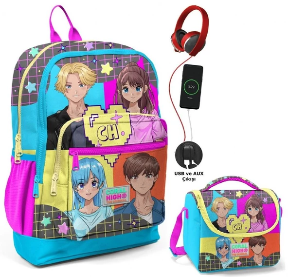 Coral High Mavi Pembe Anime Okul ve Beslenme Çantası Seti - Usb Soketli - Kız Çocuk ürün görseli 1