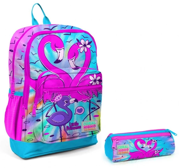 Coral High Mavi Pembe Flamingo İlkokul Sırt Çantası ve Kalemlik Seti ürün görseli 1