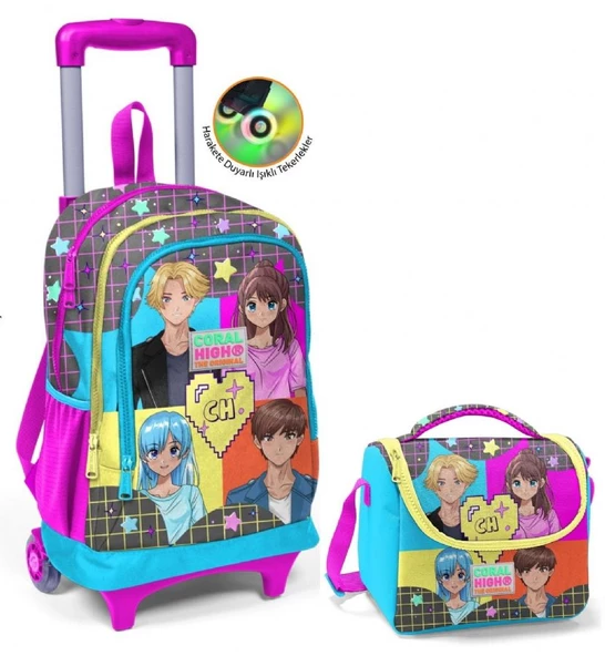 Coral High Mavi Pembe Anime Çekçek Okul Çantası ve Beslenme Seti - Işıklı Tekerlekler - Kız Çocuk ürün görseli 1