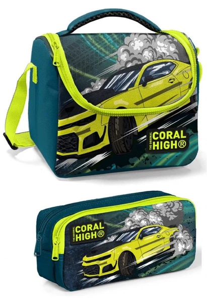 Coral High Yeşil Sarı Araba Erkek Çocuk Beslenme Çantası Seti ürün görseli 1