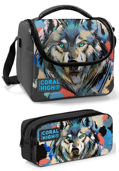Coral High Gri Siyah Kurt Erkek Çocuk Beslenme Çantası Seti ürün görseli 1