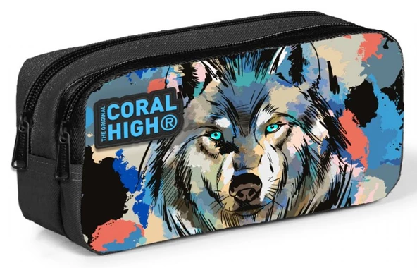 Coral High İki Bölmeli Erkek Çocuk Siyah Kurt Kalem Çantası Kalemlik ürün görseli 1