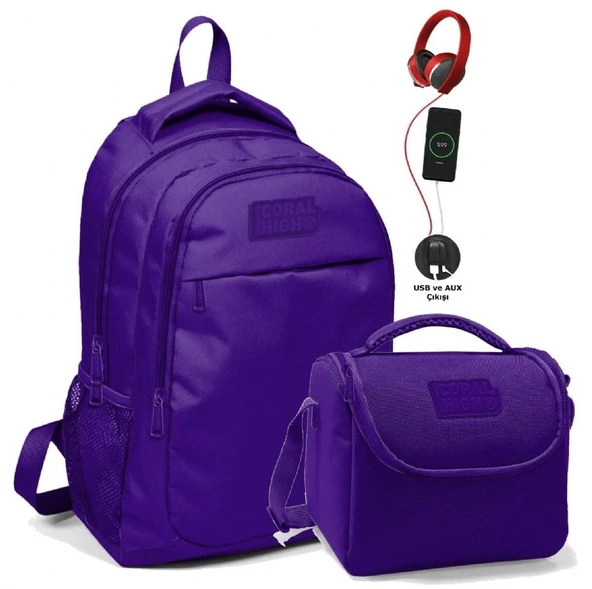 Coral High Okul ve Beslenme Çantası Seti - Kız Çocuk Mor - USB Soketli ürün görseli 1