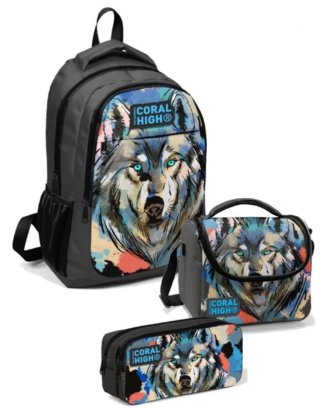 Coral High İlkokul Çanta Takımı Siyah Kurt  - Erkek Çocuk Okul Çantası Seti ürün görseli 1
