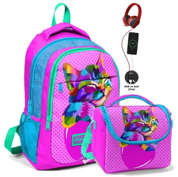 Coral High İlk ve Orta Okul ve Beslenme Çantası Seti - Kız Çocuk Pembe Sevimli Kedi - USB Soketli ürün görseli 1