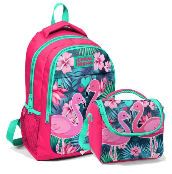 Coral High Okul Sırt Çantası ve Beslenme Çantası Seti Kız Çocuk Pembe Flamingo ürün görseli 1