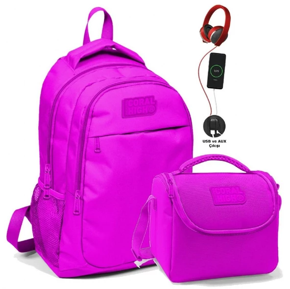Coral High Okul ve Beslenme Çantası Seti - Kız Çocuk Koyu Pembe - USB Soketli ürün görseli 1