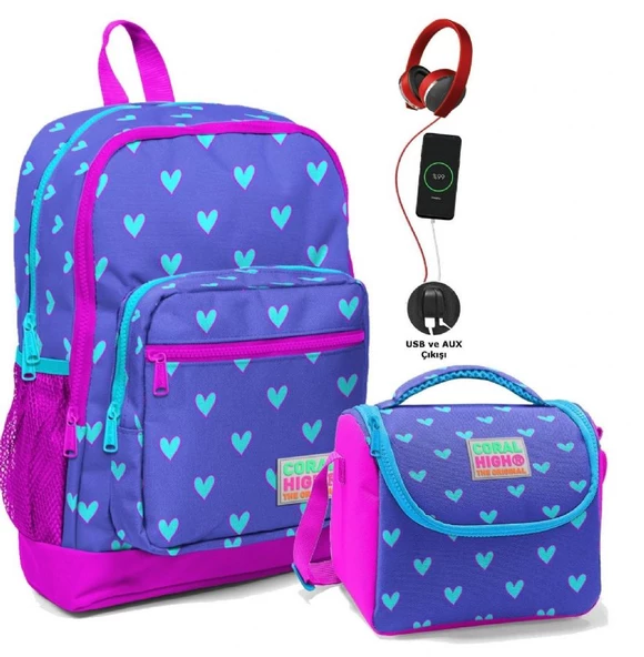 Coral High Okul Çantası ve Beslenme Çantası Seti - Kız Çocuk Pembe Lavanta Kalp - USB Soketli ürün görseli 1