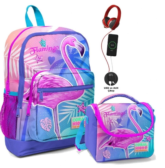 Coral High Okul Çantası ve Beslenme Çantası Seti - Kız Çocuk Pembe Flamingo - USB Soketli ürün görseli 1