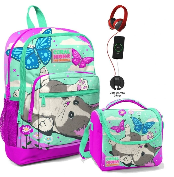 Coral High Okul Çantası ve Beslenme Çantası Seti - Kız Çocuk Sevimli Kedi ve Kelebek - USB Soketli ürün görseli 1