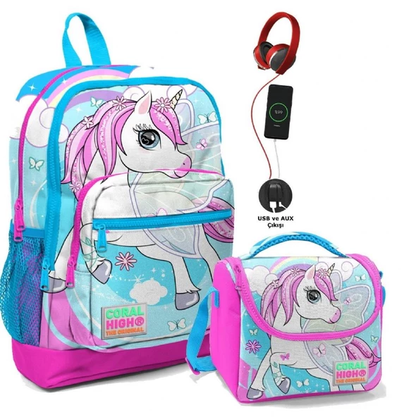 Coral High Okul Çantası ve Beslenme Çantası Seti - Kız Çocuk Mavi Unicorn- USB Soketli ürün görseli 1