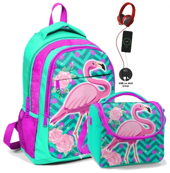 Coral High Okul Sırt Çantası ve Beslenme Çantası Seti - Kız Çocuk Pembe Flamingo - USB Soketli ürün görseli 1