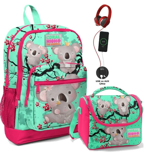 Coral High Okul Çantası ve Beslenme Çantası Seti - Kız Çocuk Yeşil Koala - USB Soketli ürün görseli 1