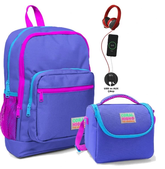 Coral High Okul Çantası ve Beslenme Çantası Seti - Kız Çocuk Mor - USB Soketli ürün görseli 1