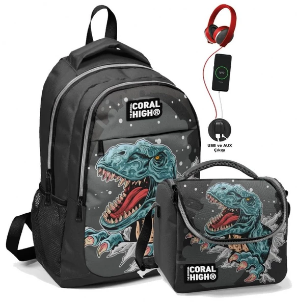 Coral High Okul Sırt Çantası ve Beslenme Çantası Seti - Erkek Çocuk Siyah Dinazor - USB Soketli ürün görseli 1