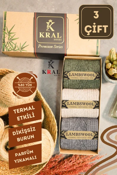 Erkek Koyun Yünlü Lambswool Kışlık 3'lü Kutulu Dikişsiz Çorap ürün görseli 1