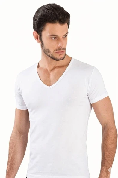 6 lı Paket HMD Likralı Erkek V Yaka Kısakol Atlet Fanila Beyaz 712 ürün görseli 1