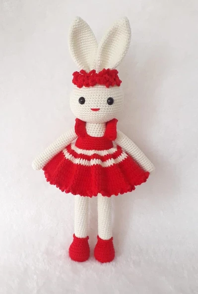 Kırmızı Renk Çiçekli Tavşan Uyku Arkadaşı Amigurumi Organik Oyuncak ürün görseli 1