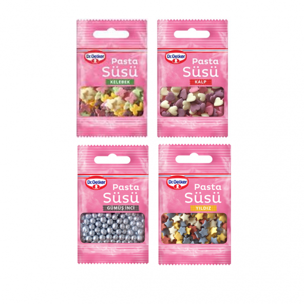 Dekor Serisi Pasta Süsü Kelebek, Kalp, Gümüş İnci, Yıldız (4 x 10 gram) ürün görseli 1