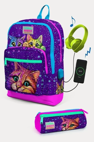 Coral High Mor Pembe Kedi Desenli USB'li 2'li Okul Çanta Seti - Kız Çocuk ürün görseli 1