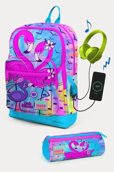 Coral High Kids Mavi Pembe Flamingo Desenli USB'li 2'li Okul Çanta Seti - Kız Çocuk ürün görseli 1