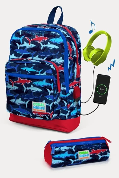 Coral High Kids Lacivert Kırmızı Köpek Balığı Desenli USB'li 2'li Okul Çanta Seti - Erkek Çocuk ürün görseli 1
