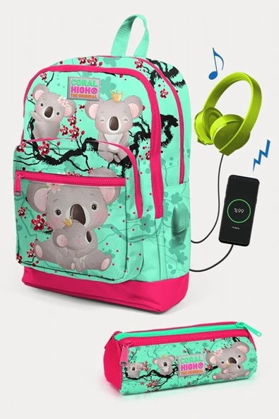Coral High Kids Su Yeşili Neon Mercan Koala Desenli USB'li 2'li Okul Çanta Seti - Kız Çocuk ürün görseli 1