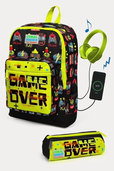 Coral High Kids Siyah Neon Sarı Game Over Desenli USB'li 2'li Okul Çanta Seti - Erkek Çocuk ürün görseli 1