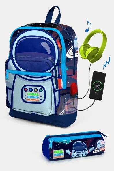 Coral High Kids Saks Mavi Astronot Desenli USB'li 2'li Okul Çanta Seti - Erkek Çocuk ürün görseli 1