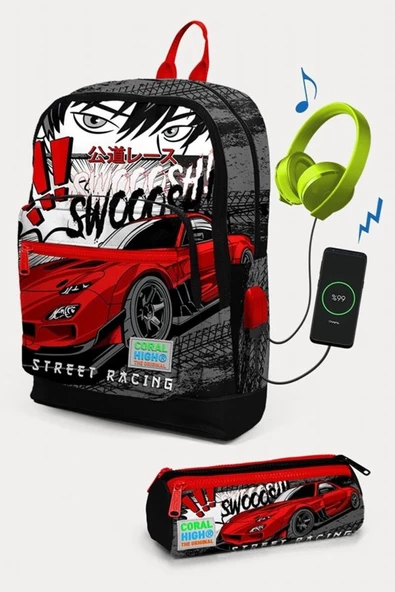 Coral High Kids Siyah Kırmızı Anime Araba Desenli USB'li 2'li Okul Çanta Seti - Erkek Çocuk ürün görseli 1