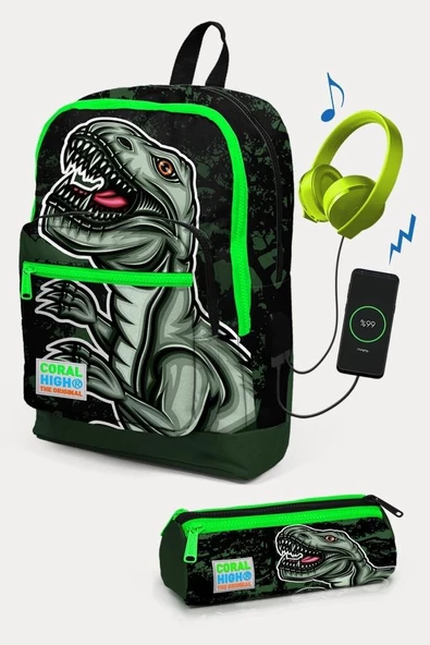 Coral High Koyu Yeşil Siyah Dinazor Desenli USB'li 2'li Okul Çanta Seti - Erkek Çocuk ürün görseli 1