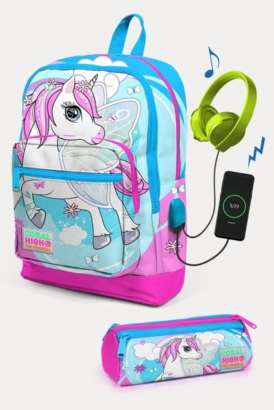 Coral High Kids Mavi Neon Pembe Unicorn Desenli USB'li 2'li Okul Çanta Seti - Kız Çocuk ürün görseli 1