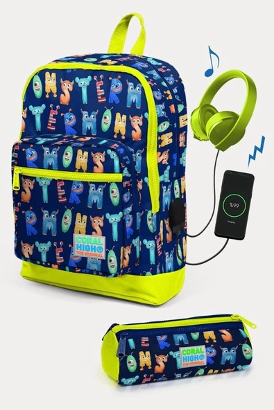 Coral High Kids Lacivert Neon Sarı Monster Desenli USB'li 2'li Okul Çanta Seti - Erkek Çocuk ürün görseli 1