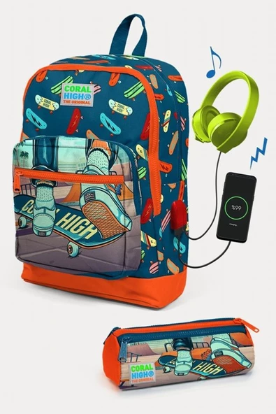 Coral High CoKids Civit Neon Turuncu Kaykay Desenli USB Girişli 2'li Okul Çanta Seti - Erkek Çocuk ürün görseli 1
