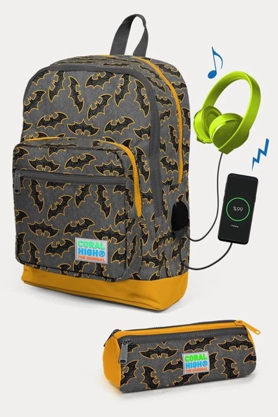 Coral High Kids Koyu Gri Hardal Yarasa Desenli USB'li 2'li Okul Çanta Seti - Erkek Çocuk ürün görseli 1